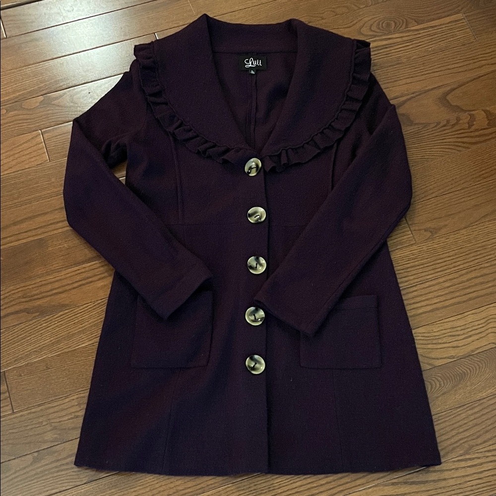 Luii Women's Dark Purple Wool Coat with Ruffle Detail
